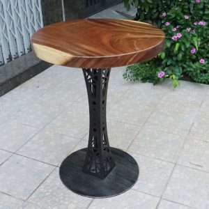 Bàn cà phê gỗ me tây tròn 60cm dày 5cm chân sắt cách điệu